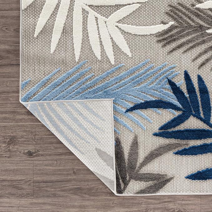 Rugshop Blue Palm Frond Indoor/Outdoor Round Area Rug Easy Cleaning for Patio, Deck and Seating Area, 6' Round