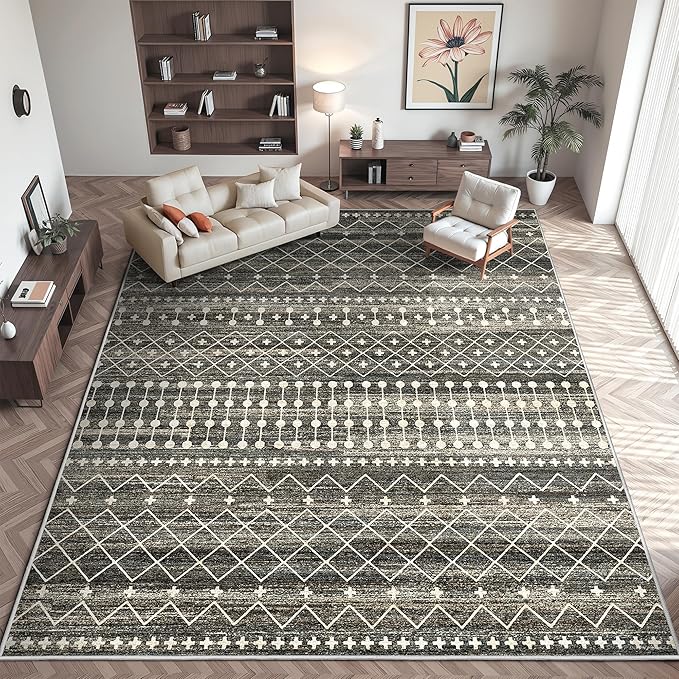 Miukiki 9x12 Area Rug for Living Room, Washable Non Slip Moroccan Rug Black | Large Soft Rug for Kitchen Bedroom Dining Room Office, Low Pile Indoor Floor Carpet Home Decor 9'x12'