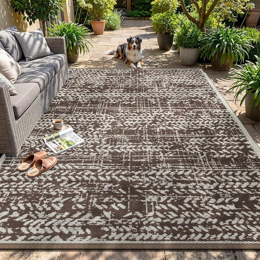MontVoo Outdoor Rug Waterproof-Patio Rug Mat 5x8 Outdoor RV Camping Picnic Beach Mat Plastic Straw Rugs Outside Outdoor Area Rugs for Balcony Deck Backyard Brown