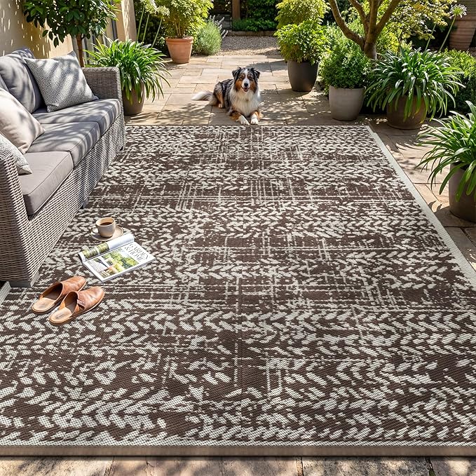 MontVoo Outdoor Rug 8x10 Waterproof-Patio Rug Mat Outdoor RV Camping Picnic Beach Mat Plastic Straw Rugs Outside Outdoor Area Rugs for Balcony Deck Backyard Brown