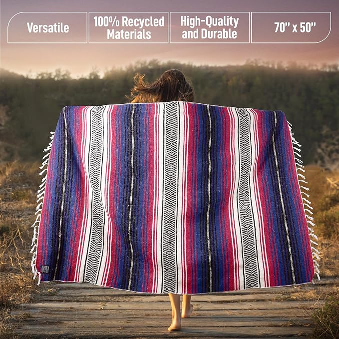 Hydration Nation Authentic Extra Large Mexican Blanket (70"x50") - Handwoven Yoga, Serape- Artisanal Falsa, Beach, Camping, Picnic, Outdoor - Twilight
