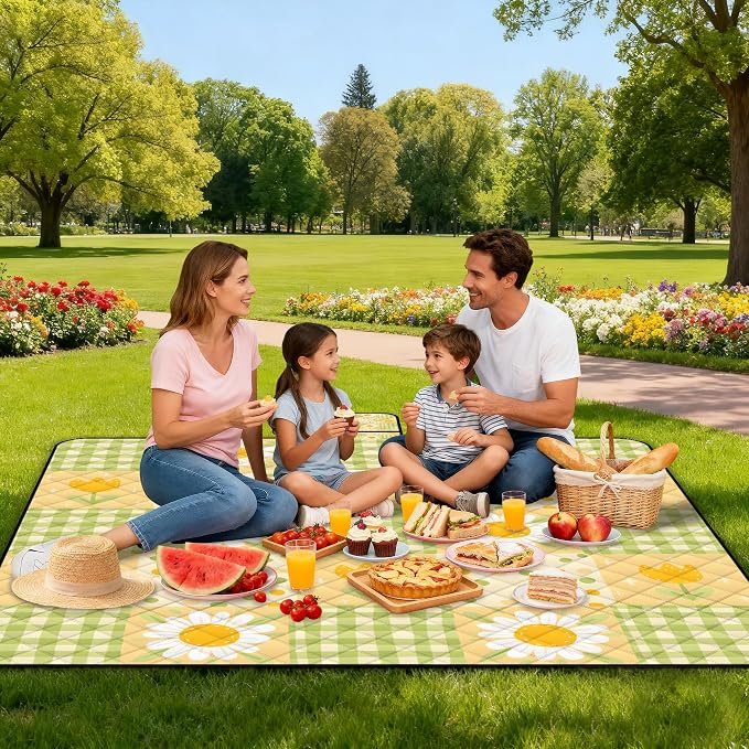Extra Large Picnic Blanket Waterproof,80"x 80"Foldable Machine Washable Beach Blanket,Outdoor Blanket for 6-8 Adults,Suitable for Indoor Crawling,Park Beach,Camping,Hiking,Family Travel(Sunflower)