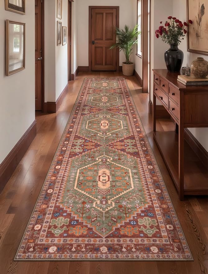 Ciicool 2x10ft Long Hallway Runner Rug,Thin Washable Carpet for Bedroom | Ultra Soft Vintage Oriental Entry Boho Area Rugs for Entrance Bedside Living Room Kitchen Laundry Room,Terracotta/Green