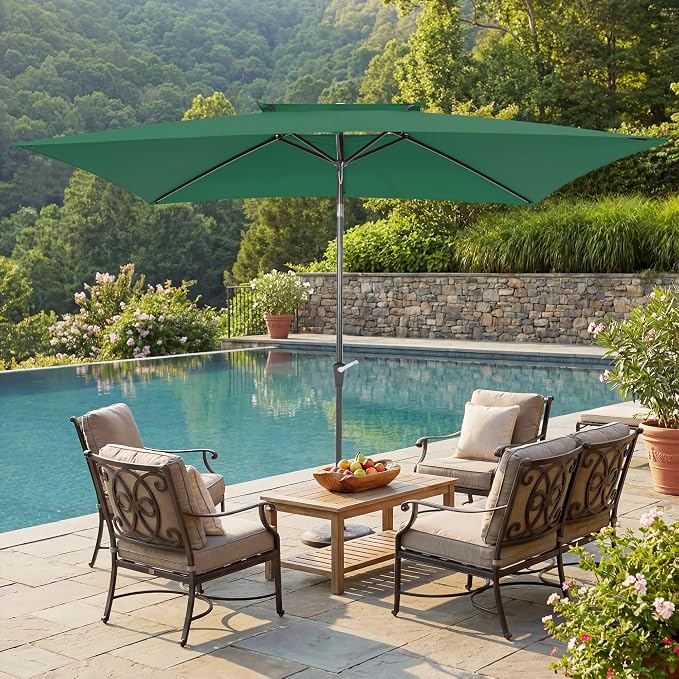 6.6 x 10 ft Rectangular Patio Umbrella, Outdoor Market Table Umbrella with Push Button Tilt and Crank, Double-Tier Vent, 6 Ribs, Rectangle Patio Umbrella for Backyard, Deck, Pool, Fits 4–6 Chairs and Tables (Dark Green)