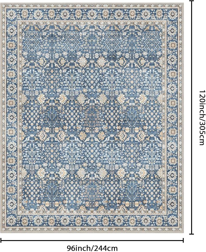 Washable Rugs 8x10 for Living Room, Low Pile, Lake Blue | Vintage Distressed Design Area Rug, Spill Resistant Lightweight Non-Shedding Carpet for Bedroom, Dining Room, Office
