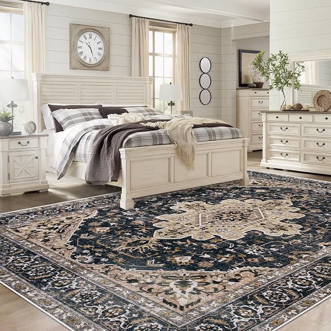 Area Rug 8x10 Vintage Rugs: Large Washable Living Room Rug Retro Medallion Distressed Soft Low Pile Non-Slip Indoor Floor Carpet for Bedroom Kitchen Nursery Dining Office (BeigeBlack, 8'x10')