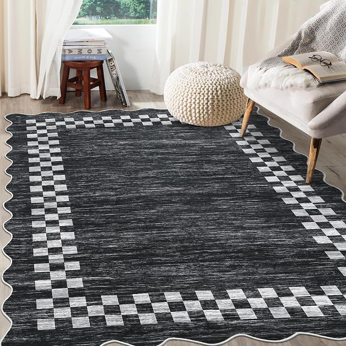 GarveeHome 10x13 Area Rug Large Living Room Bedroom Washable Scalloped Rug | Non Slip Low Pile Bedroom Throw Carpet Soft Modern Bordered Dining Room Rug Stain Resistant Carpet for Home Office, Grey