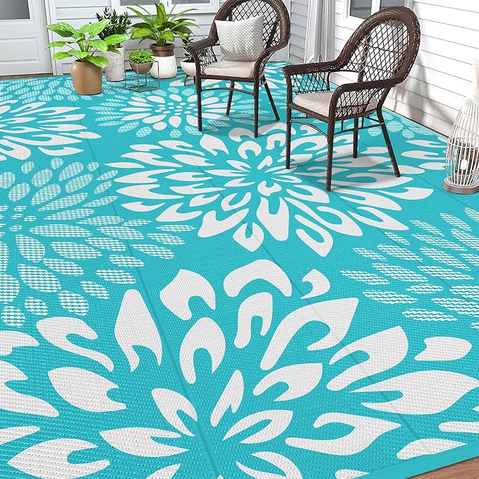 HEBE Waterproof Outdoor Rug 8x10 for Patios, Floral Reversible Plastic Straw Rug Patio Mat, Indoor Outdoor Carpet RV Mat Camping Rug for Deck, Camper, Porch, Balcony, Backyard, Picnic