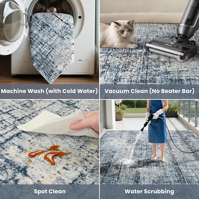 6x9 Washable Area Rug for Living Room Bedroom: Non-Slip Modern Blue Gold | Machine Washable TPR Backing, Stain-Resistant Low Pile, Pet & Kid Friendly, Abstract Decor for Dining Room, Dorm, Home Office