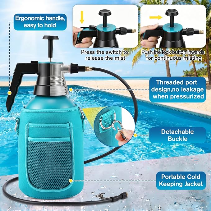 Aurelema Personal Mister, 2 in 1 Water Spray Bottle with 3.3ft Extend Mist Line/Neoprene Jacket/Strap, Portable Handheld Pump Spray Bottle for Outdoor Cooling, Hiking, Garden, Pet(Blue,2L)