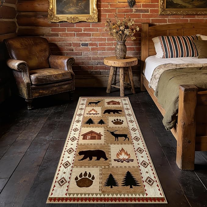 Cabin Bear Deer 2x6 Runner Rug Rustic Lodge Wildlife Hallway Rug Country Farmhouse Western Long Floor Carpet Machine Washable Non-Slip Printed Low-Pile for Kitchen Bedroom Bathroom Laundry