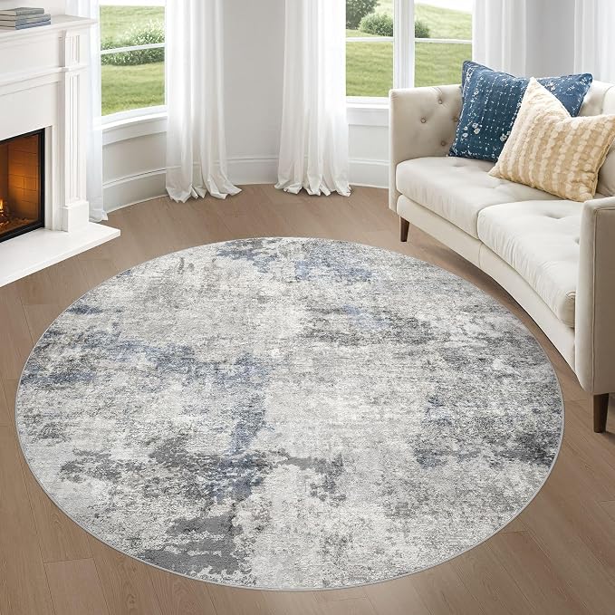 DMOYEST 6ft Round Area Rug for Living Room Washable Non Slip Circle Rug | 6x6 Neutral Modern Abstract Low Pile Rugs Kid & Pet Friendly Soft Carpet for Bedroom Dining Room - Grey Blue