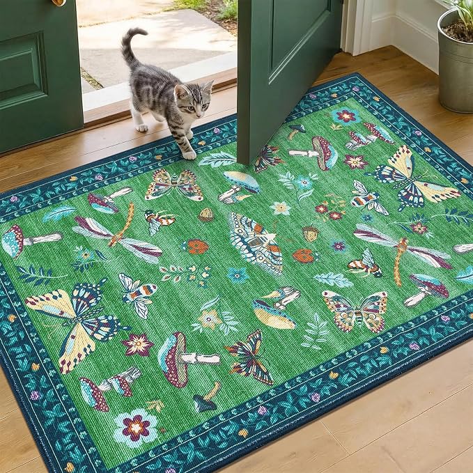 ROYHOME Mushroom Insect Washable 2x3 Rug for Entryway Door Mat Blue Green | Kitchen Bathroom Bedroom Small Bug Moth Cute Funky Cottage Core Whimsical Boy Rugs Low-Pile Non-Slip TPE Backing