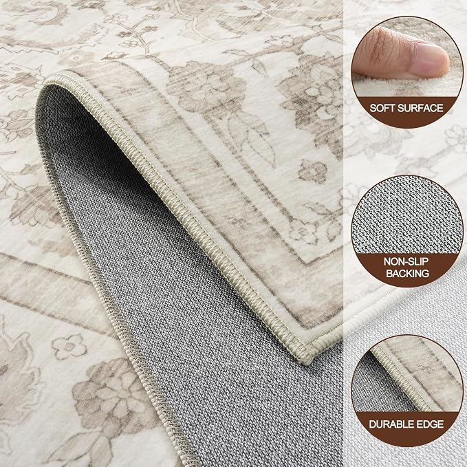 Washable 9x12 Area Rugs for Living Room Beige White Non-Slip Rug | Vintage Medallion Rug，Soft Low Pile Large Rugs，Indoor Retro Carpet for Bedroom Nursery Dining Table Farmhouse Home Office