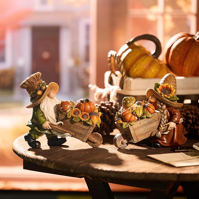 Valery Madelyn Fall Decorations for Home, 2 Pcs Fall Gnomes Decor for Table Indoor Outdoor, Resin Thanksgiving Decorations Garden Pumpkins Figurines for Autumn Harvest Porch Tiered Tray Mantel, 6"
