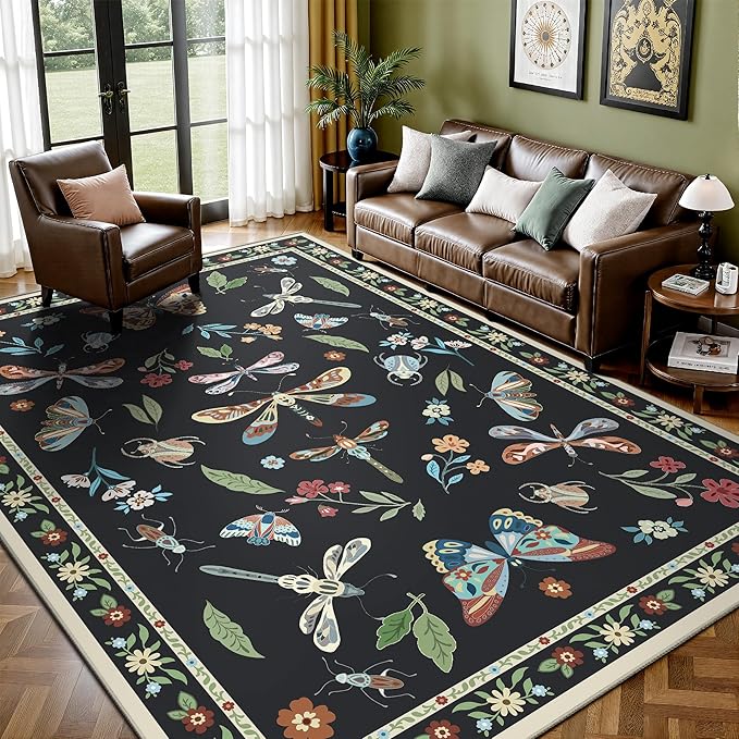 Area Rug 5x7, Insect Ultra Soft Washable Rug Non Slip with Rubber Back, Stain Resistant Rugs for Living Room, Bedroom, Dining Room(Dark Black Butterfly)