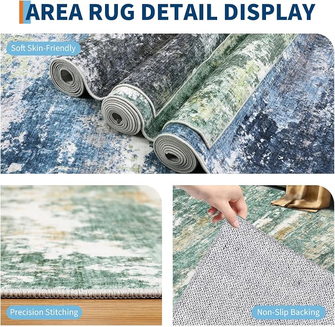 ROYHOME Abstract Rugs 10x14 Washable Modern Area Rug Stain Resistant, Green | for Living Room Soft Carpet with Non-Slip Backing for Bedroom Dining Table Nursery