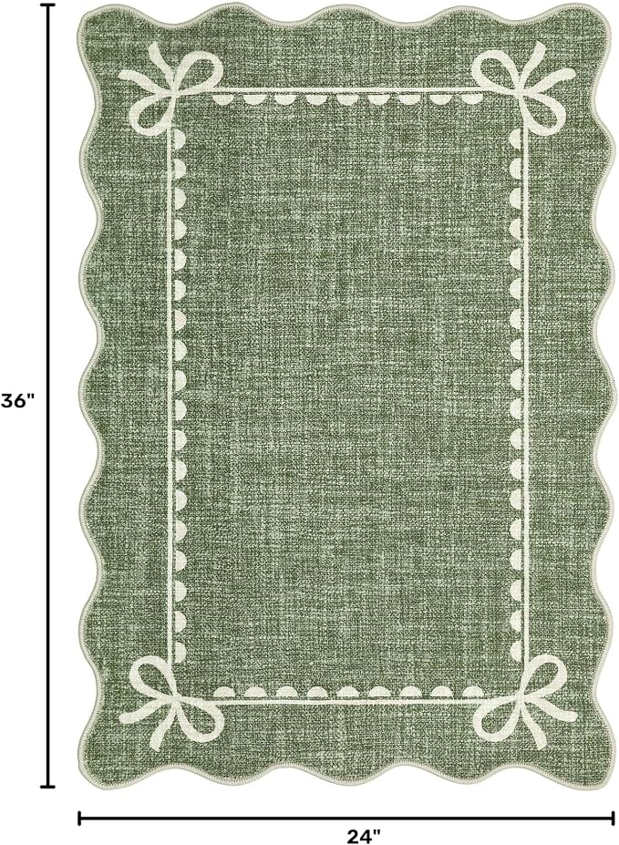 GarveeHome Scalloped Entryway Rug 2x3 Washable Front Door Bow Rug, Green | Non Slip Soft Low Pile Ultra-Thin Stain Resistant Indoor Carpet for Girls Dorm Nursery Bedroom Decor Hallway Kitchen Floor