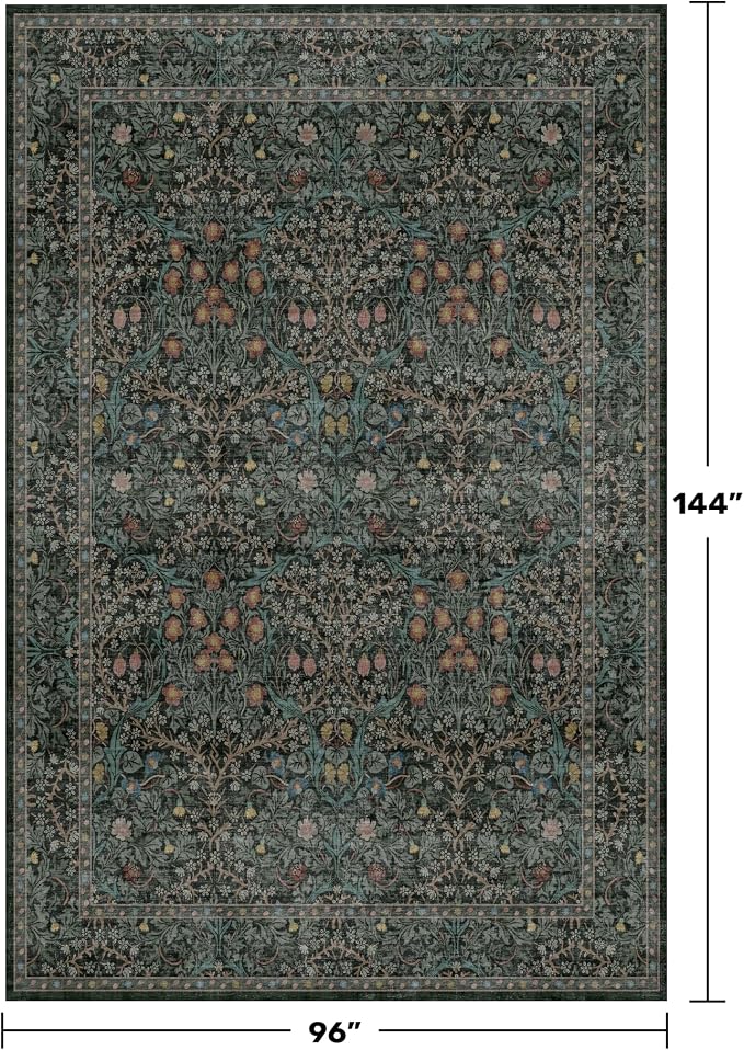 8x12 Area Rug for Living Room - Large Washable Rugs for Bedroom, Dining Room Under Table, Ultra Soft Low Pile Non-Slip Stain Resistant Carpet - Dark Green Vintage Floral Décor