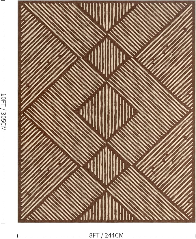 8‘x10' Washable Brown Stripe Modern Area Rug for Living Room | Soft, Non-Slip, Low Pile, Large Earth Tone Geometric Rug for Bedroom Dining Room