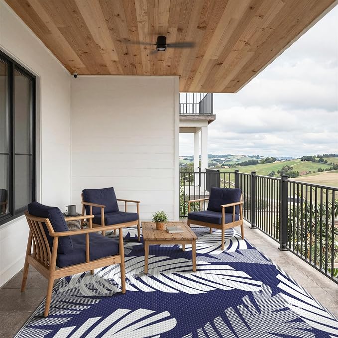GENIMO Waterproof Outdoor Rug 5' x 8' for Patio Decor, Reversible Plastic Straw Area Rugs for Camping Clearance, RV Mat, Large Outside Carpet for Porch, Deck, Picni, Balcony, Garden, Blue & White