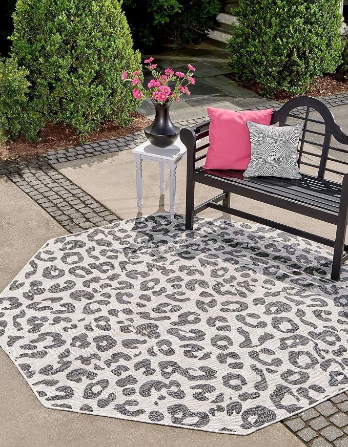 Unique Loom Outdoor Safari Collection Area Rug - Leopard (5' 3" Octagon, Light Gray/ Gray)