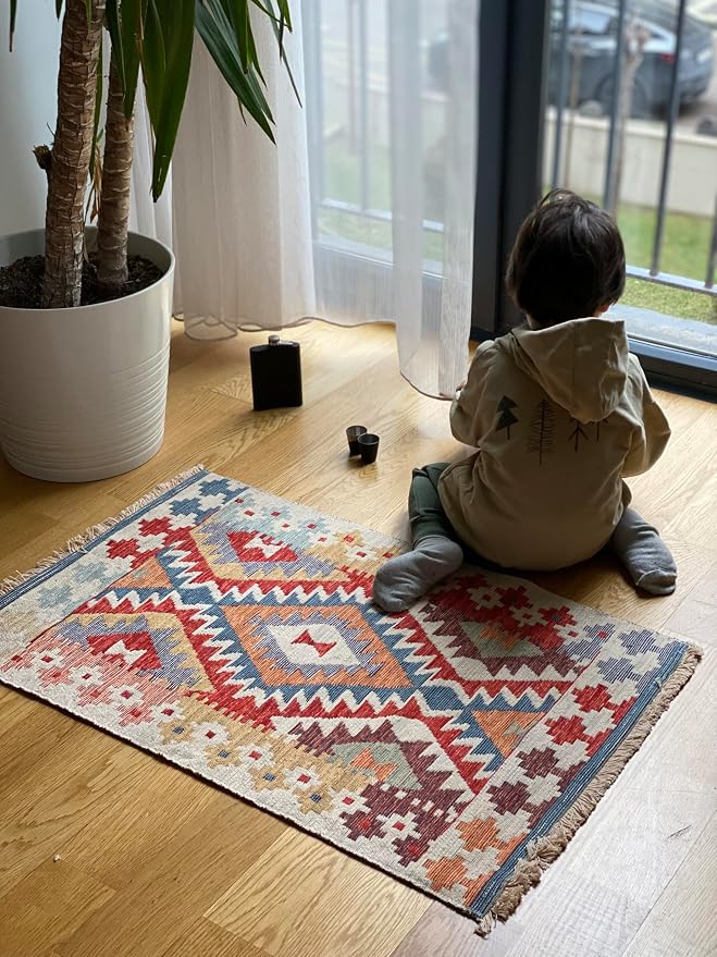 Secret Sea Collection: Modern Kilim Series Small Area Rug, Washable, Reversible, Cotton (2 x 3 feet, Eternal Flow)