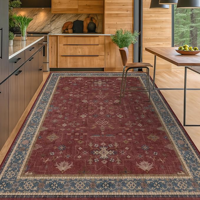 7x9 Dining Room Rugs for Under Table - Vintage Burgundy Boho Living Room Rug, Lightweight Washable Soft Floor Carpet,Southwestern Bed Room Décor Aesthetic