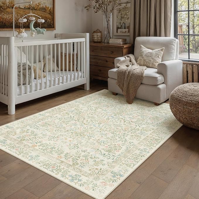 3x5 Light Green Floral Small Area Rug Vintage Farmhouse Style | Washable, Non Slip, Soft Low Pile, Indoor Carpet for Entryway, Bedroom, Nursery, Botanical Decor
