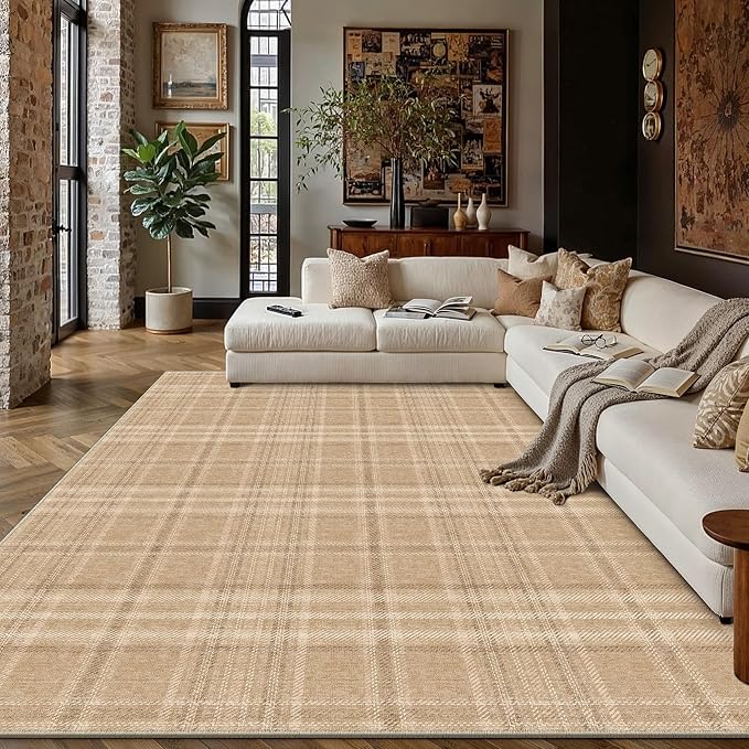 6x9 Brown Plaid Living Room Area Rug | Washable, Low Pile, Modern, Neutral, Soft, Non Slip, Rug for Bedroom Dining Room Nursery Office Indoor Home Decor
