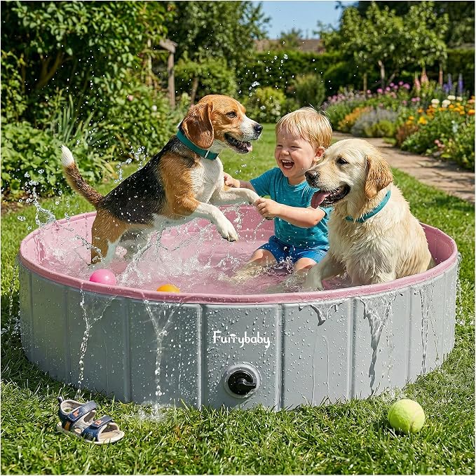 Furrybaby Foldable Dog Pool Non-Slip Hard Bath Tub Indoor Outdoor Pets Kids | Collapsible rigid dog pool with non-slip PVC, durable hard plastic tub, portable indoor & outdoor use for pets and kids, pink