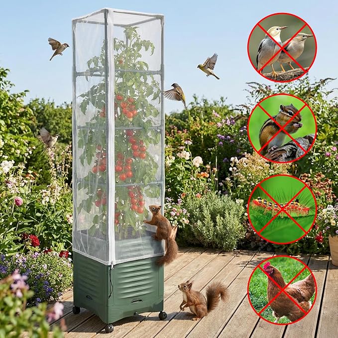 2 Pcs Garden Bird Netting Plant Cover for Square Tomato Cage, 59" x 17.7" Insect Bird Barrier Tomato Cage Net with Zipper & Drawstring, Tomato Trellis Netting Protection Cover for Protecting Plants