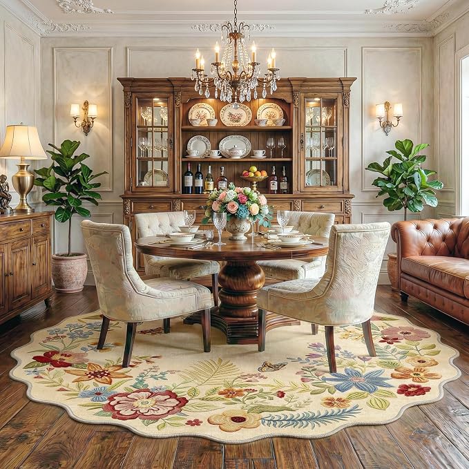 FMFUNCTEX 5ft Round Washable Beige Boho Scalloped Area Rug for Living Room | Floral Vintage Flower Colorful Traditional Soft Cream Small Non Slip Low Pile Circle Rug Neutral Dining Room Bedroom Entryway