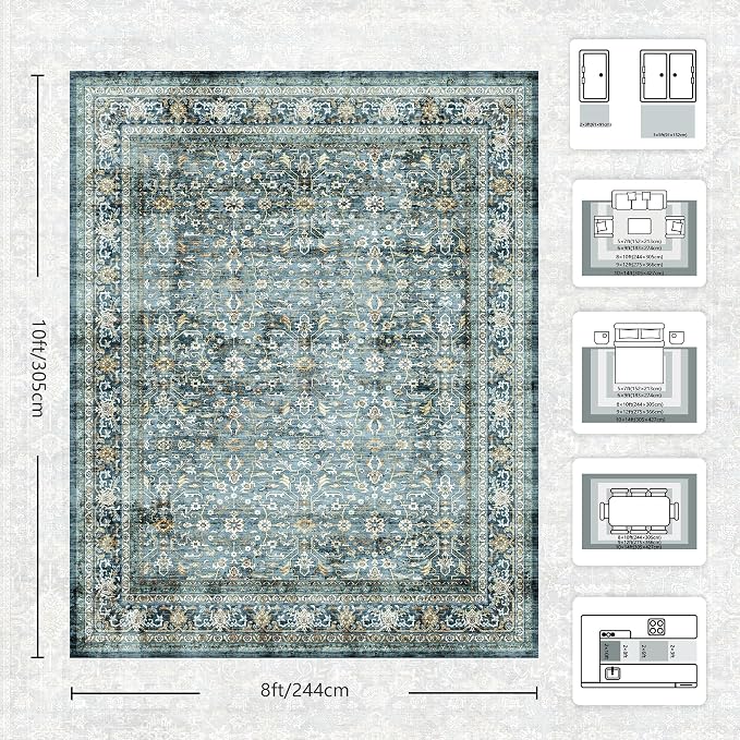 8x10 Area Rugs for Living Room - Washable Vintage Retro Large Rug, Soft Ultra Thin Non Slip Low Pile Traditional Distressed Boho Carpet for Bedroom Dining Room Home Office, Blue