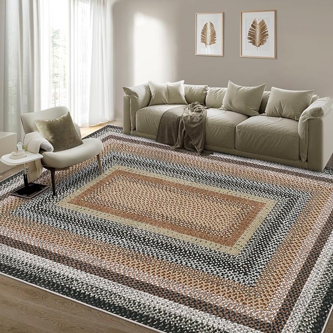 RUGSREAL Large Living Room Area Rug 10x13 Braided Washable Rug Non Slip | Bedroom Carpet Stain Resistant Dining Room Braid Printed Farmhouse Accent Throw Rug for Home Decor Office, Sand/Bronze