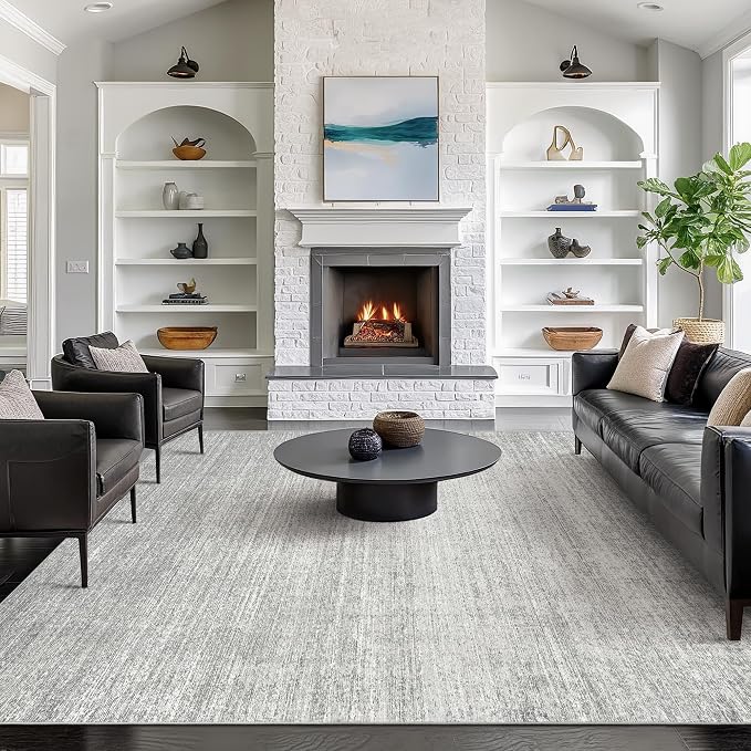 Valenrug 9x12 Area Rug Non Slip, Large Washable Rugs for Living Room Grey | Soft Low Pile, Thin & Lighweight Carpet, Folable Stain Resistant Modern Indoor Floor Mat for Bedroom, Dining Room, Home Decor