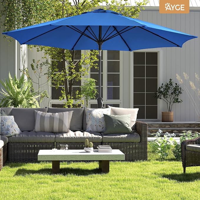 Ayge 9FT Large Outdoor Patio Umbrella Market Table Umbrella-UV Resistant, Easy Push Button Tilt and Crank, 8 Sturdy Fiberglass Ribs Heavy-Duty Pool Umbrella for Deck, Backyard,Garden,Blue