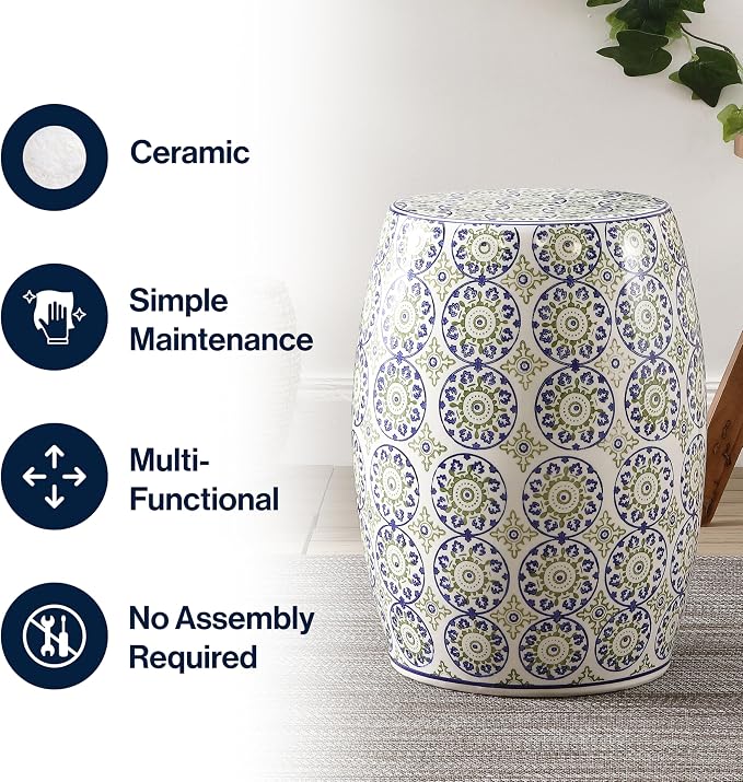 JONATHAN Y Lula 17.25" Chinoiserie Ceramic Drum Garden Stool, Traditional Floral Indoor/Outdoor Patio Side Table, Plant Stand, Blue/Green TBL1025A