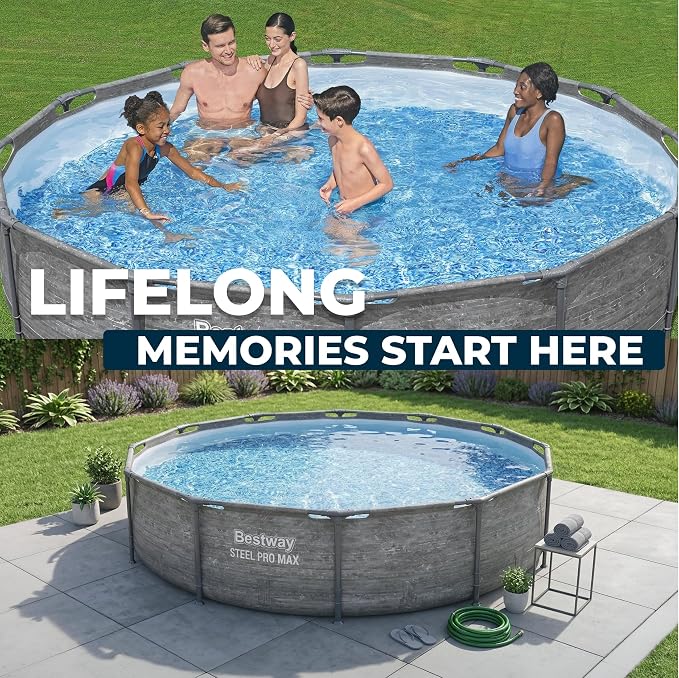 Bestway Steel Pro MAX 12' x 30" Above Ground Swimming Pool Set with Pump | Durable Round Metal Frame Outdoor Backyard Pool, Puncture-Resistant Liner - Filter Pump Included, Stacked Stone Print