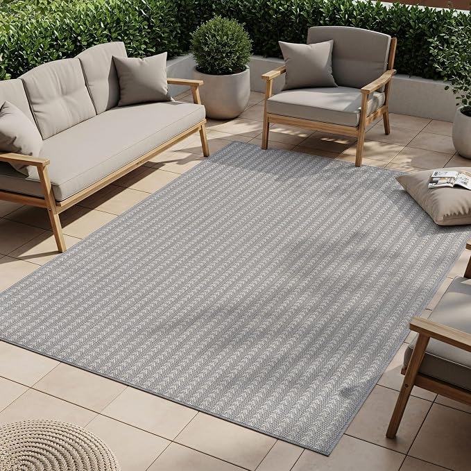 Washable Outdoor Rug 10x14 Modern Area Rugs Outdoor Carpets Striped Pattern Non Shedding Waterproof Easy Clean Patio Deck Porch Living Room Bedroom Garden RV (10 X 14 Gray)