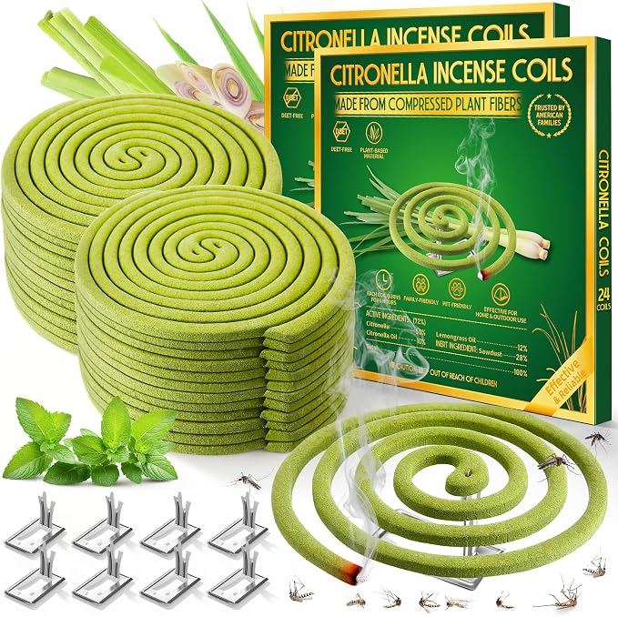 48 Pcs Mosquito Repellent Coils, Natural Citronella Mosquito Coils Indoor & Outdoor, Up to 6 Hours Protection, Safe for Kids & Pets, Repellent for Home, Patio, Camping, Backyard, Poolside