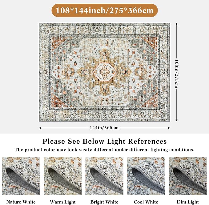 Moynesa Living Room Area Rug 9x12, Ultra-Thin Washable Large Rugs for Bedroom Under Dining Room Table, Vintage Oriental Medallion Printed Low Pile Carpet for Office Playroom Dorm, Beige/Gold