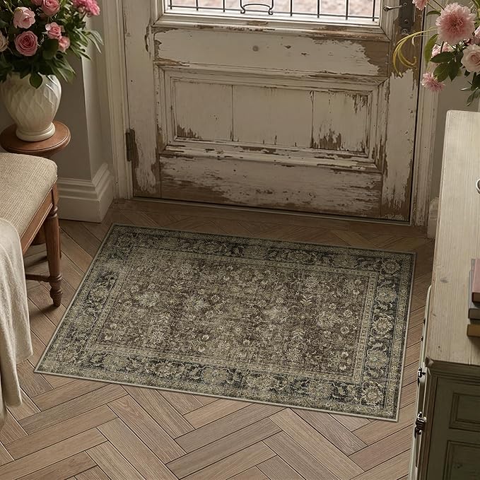 2x3 Taupe Brown Vintage Area Rug | Washable, Non Slip, Soft Low Pile, Distressed Farmhouse, for Entryway Kitchen Bathroom Living Room Bedroom Indoor Home Decor