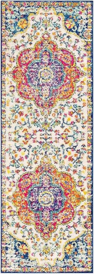 Livabliss Area Rugs - 3x10 Romaine Vintage Boho Fuchsia Mustard Blue Runner Area Rug for Living Room Bedroom - Floral Medallion Stain Resistant Carpet for Kitchen, Nursery, Office (2'7" x 10', Runner)