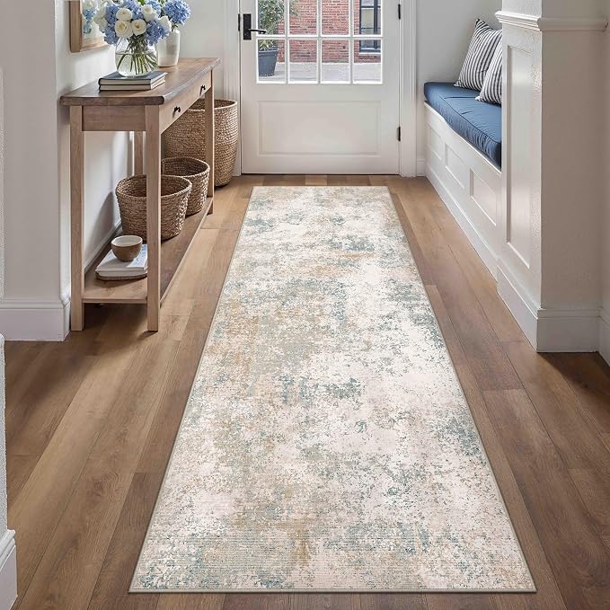 2x8 Beige Blue Modern Abstract Washable Runner Rug for Hallway | Low Pile, Non Slip, Modern Abstract Style, Soft Long Hallway Runner for Kitchen, Entryway, Laundry, Bedroom, Home Decor