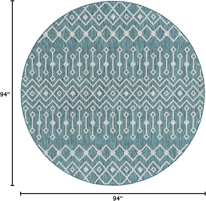 Unique Loom Outdoor Trellis Collection Area Rug - Tribal Trellis (7' 10" Round, Teal/ Ivory)