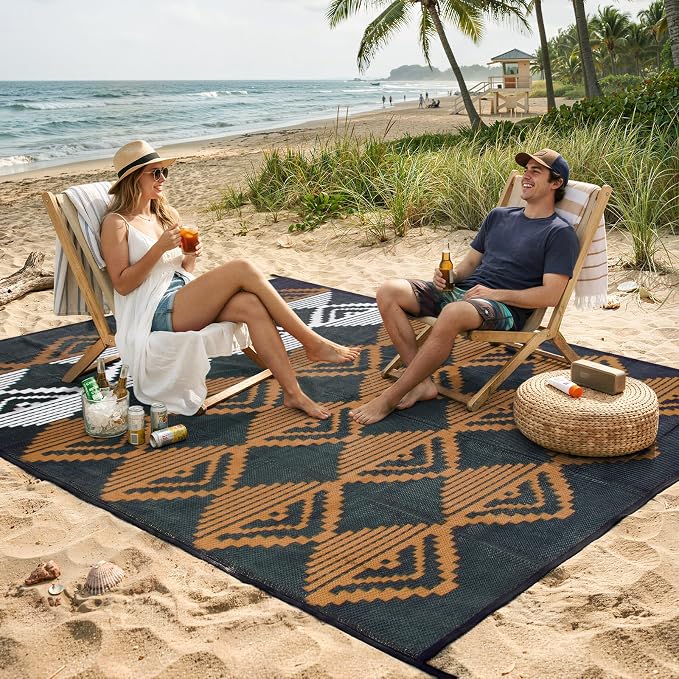 Beeiva Outdoor Rug 8x10 Waterproof for Patio, Reversible Outdoor Patio Rug for Deck, Backyard, RV Camping, Plastic Straw Rug Black Brown
