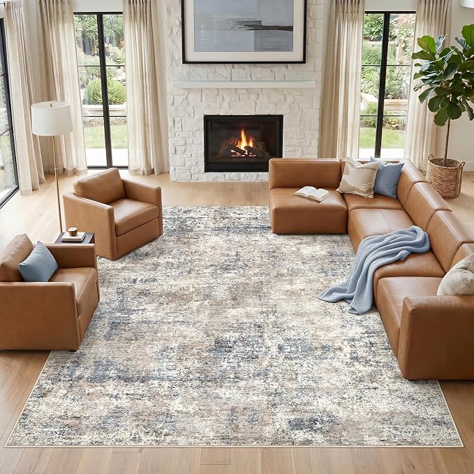Nakagishi 10X14 Abstract Washable Area Rugs for Living Room-Blue Brown | Modern Non-Slip Silicone Backing Low Pile Soft Carpet for Bedroom Dining Decor Ideal for Families with Kids and Pets