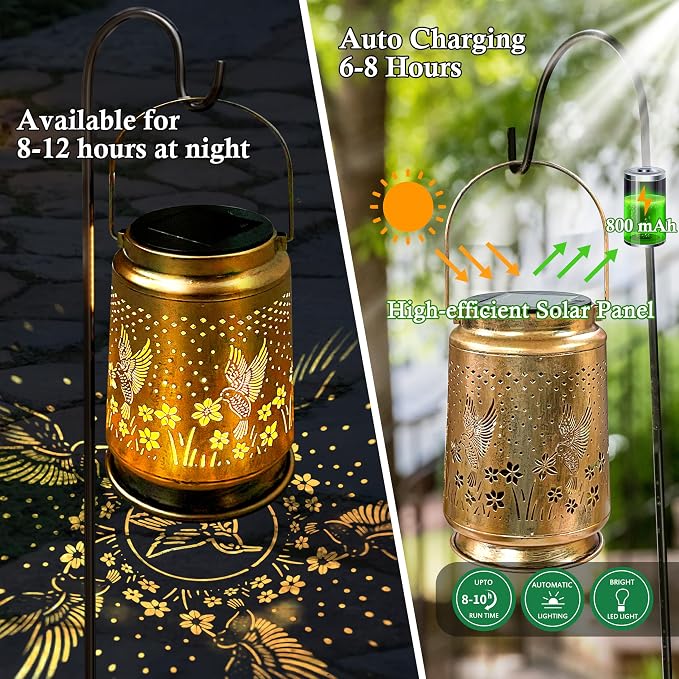 KY&BOSAM Retro Solar Lanterns Outdoor Waterproof Hummingbird Garden Decor | Premium Old Gold Color Metal Hanging Outside Solar Lights,Birthday Gifts for Women Mom Outside for Yard,Patio,Backyard,Porch