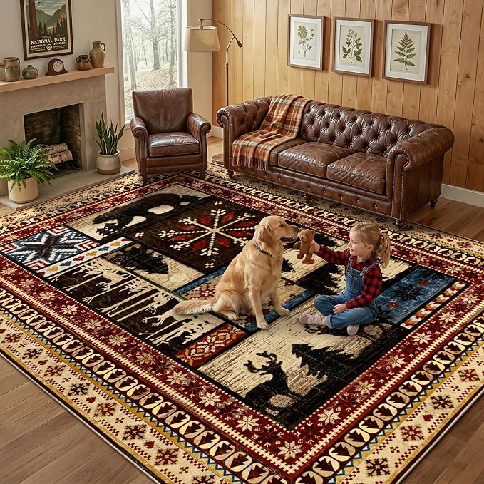 LOKHOM 8x10 Rustic Cabin Area Rug, Non-Slip Washable Western Lodge Bear Rug | Bear Pattern, Low Pile, Soft Vintage Wildlife Accent Floor Carpet, For Living Room Bedroom Entryway Nursery